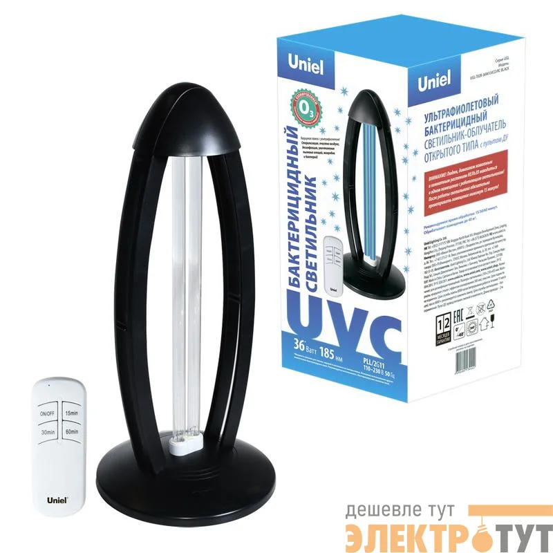Светильник ультрафиолетовый бактерицидный UGL-T02B-36W/UVCO/RC BLACK настольный с озонированием 185нм пульт ДУ корпус черн. Uniel UL-00007266