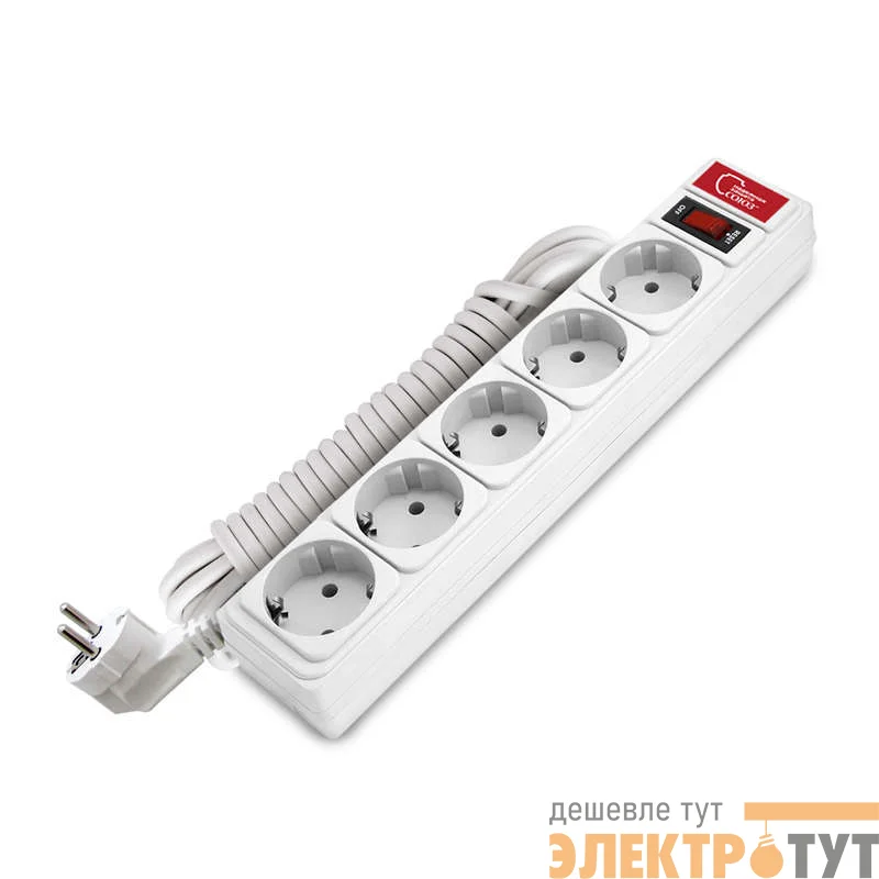 Удлинитель с сетевым фильтром 5х5м 10А IP21 ПВС 3х0.75 бел. Союз 1327