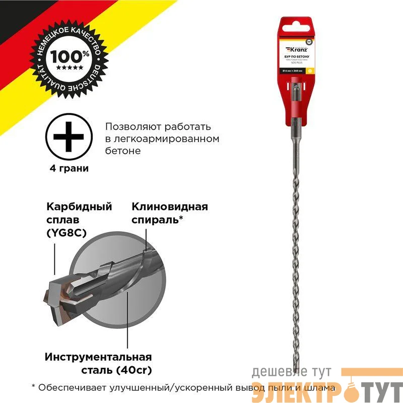 Бур по бетону 6х260мм крестовая пластина SDS PLUS Kranz KR-91-0804