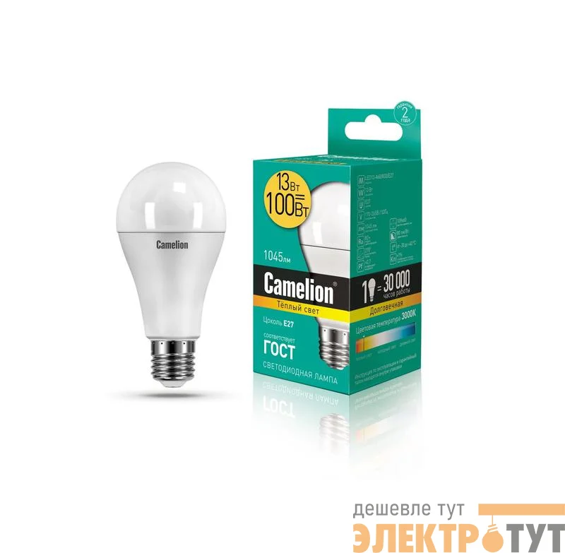 Лампа светодиодная LED13-A60/830/E27 13Вт грушевидная 3000К тепл. бел. E27 1045лм 220-240В Camelion 12045