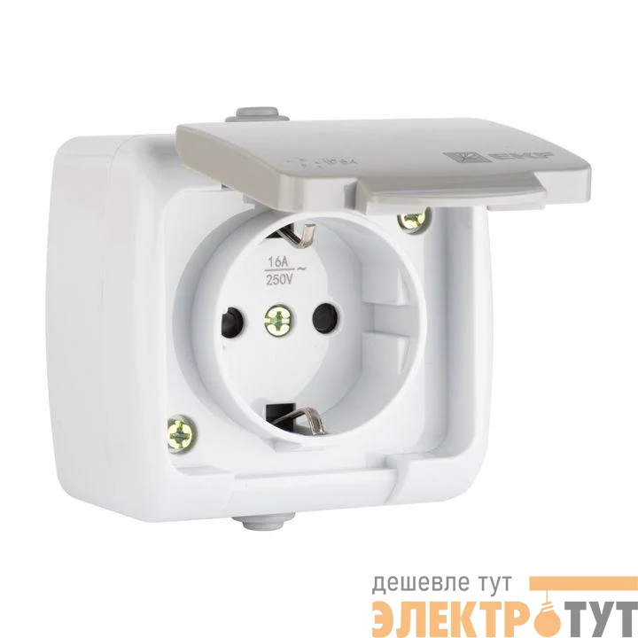 Розетка 1-м ОП Мурманск 16А IP54 с заземл. защ. шторки с крышкой сер. EKF EFR16-029-30-54