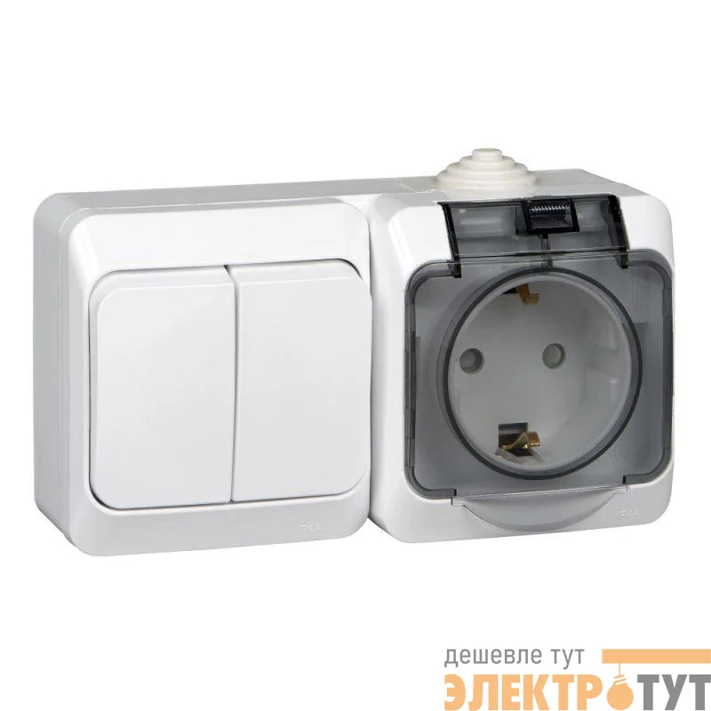 Блок ОП Этюд (1-м розетка 16А 250В евростандарт с заземл. защ. шторки + 2-кл. выкл.) IP44 бел. SE BPA16-242B