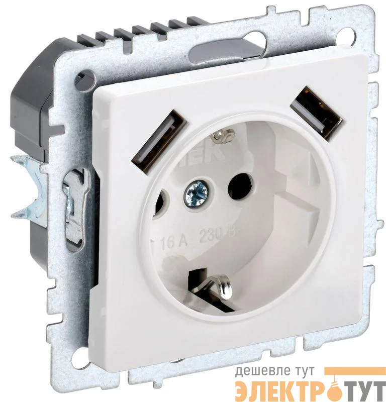 Розетка BRITE РЮш10-2-БрБ 16А с USB A+A 3.1А с заземл. защ. шторки механизм бел. IEK BR-R14-16-U21-D31-K01
