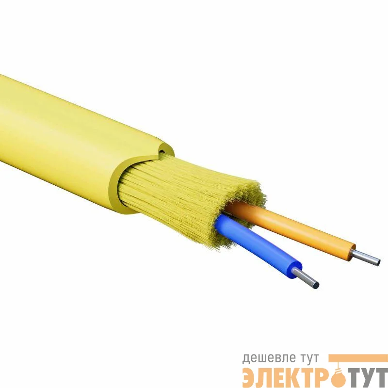 Кабель волоконно-оптический распределительный арамидные упрочняющие нити для внутренней прокладки нг(A)-HFLTx 2 ОВ категорияOS2 (G.652.D) плотный буфер 0.4кН барабан 500м DKC RNDT9C2YL03-E