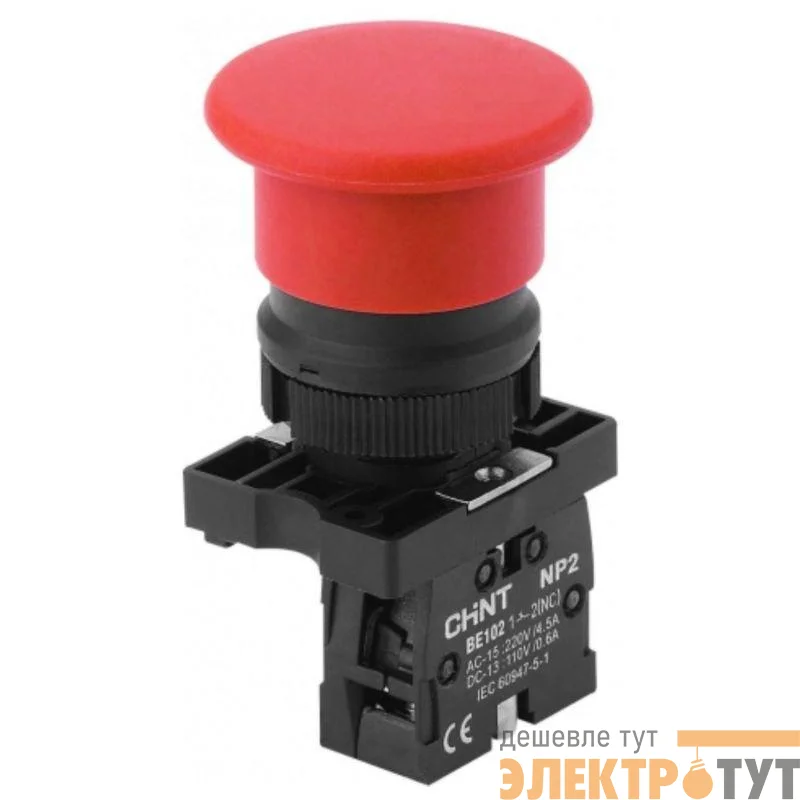 Кнопка управления "Грибок" NP2-EC42 d40мм (2) 1НЗ IP40 с самовозвратом без подсветки красн. CHINT 574820