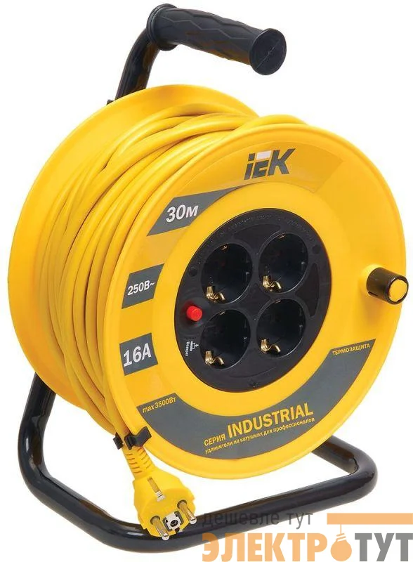 Удлинитель на катушке 4х30м с заземл. 16А IP20 Industrial УК30 3х1.5 термозащита IEK WKP15-16-04-30