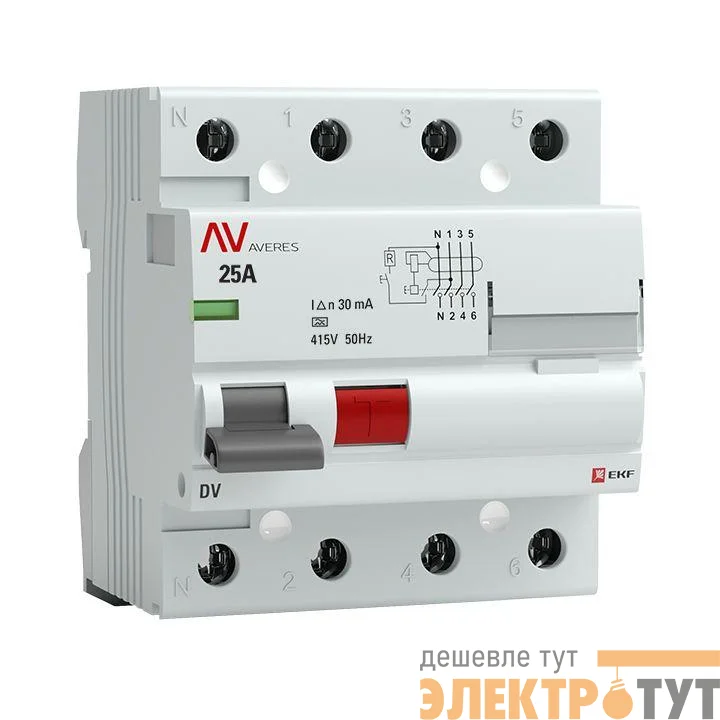 Выключатель дифференциального тока (УЗО) 4п 25А 30мА тип A DV AVERES EKF rccb-4-25-30-a-av