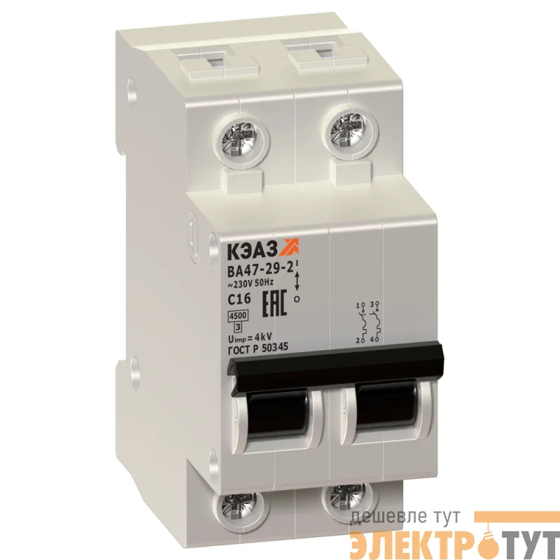Выключатель автоматический модульный 2п C 6А 4.5кА ВА47-29-2C6-УХЛ3 КЭАЗ 231628