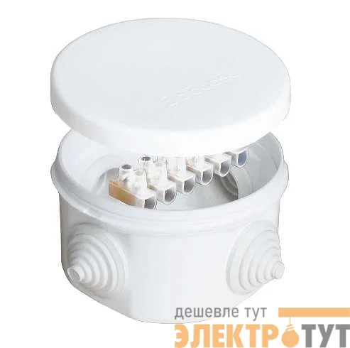 Коробка распр. ОП d75х45 4 выхода 4 гермоввода с клемм. 10А 6 контактов IP54 крышка защелкивающаяся бел. Epplast 240343