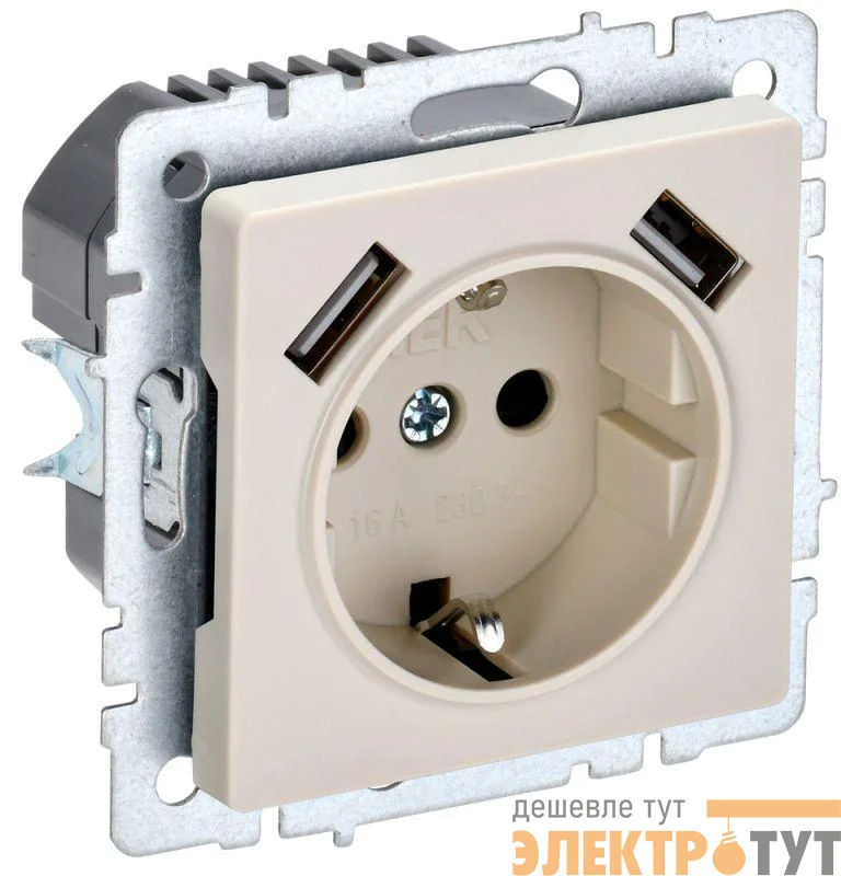 Розетка BRITE РЮш10-1-БрКр 16А с USB A+A 2.1А с заземл. защ. шторки механизм беж. IEK BR-R14-16-U21-D21-K10