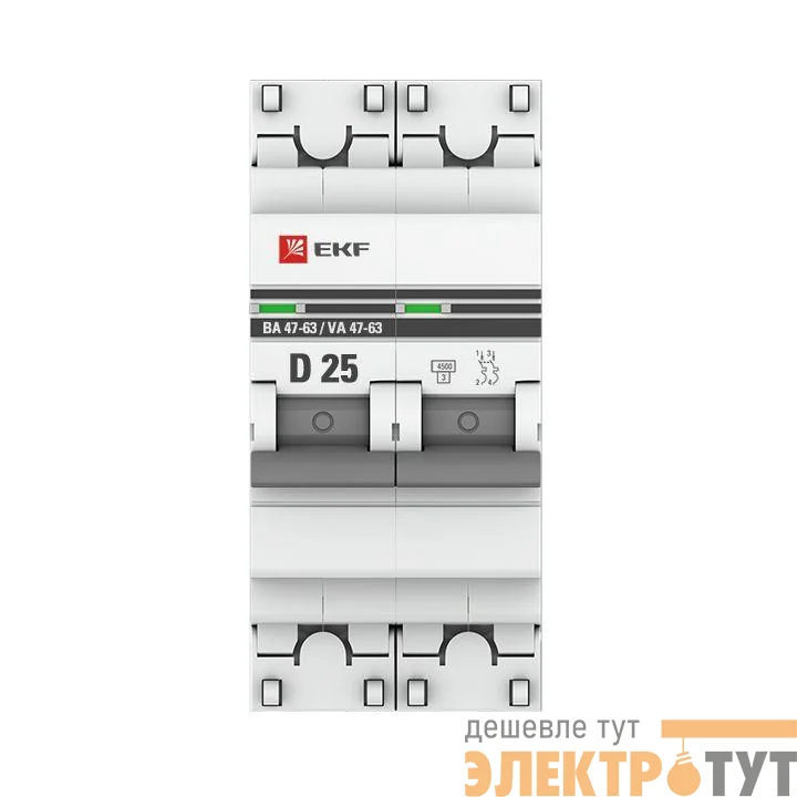 Выключатель автоматический модульный 2п D 25А 4.5кА ВА 47-63 PROxima EKF mcb4763-2-25D-pro