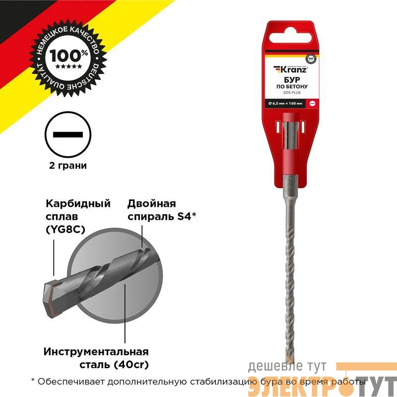 Бур по бетону 6.5x160x100мм SDS PLUS Kranz KR-91-0009