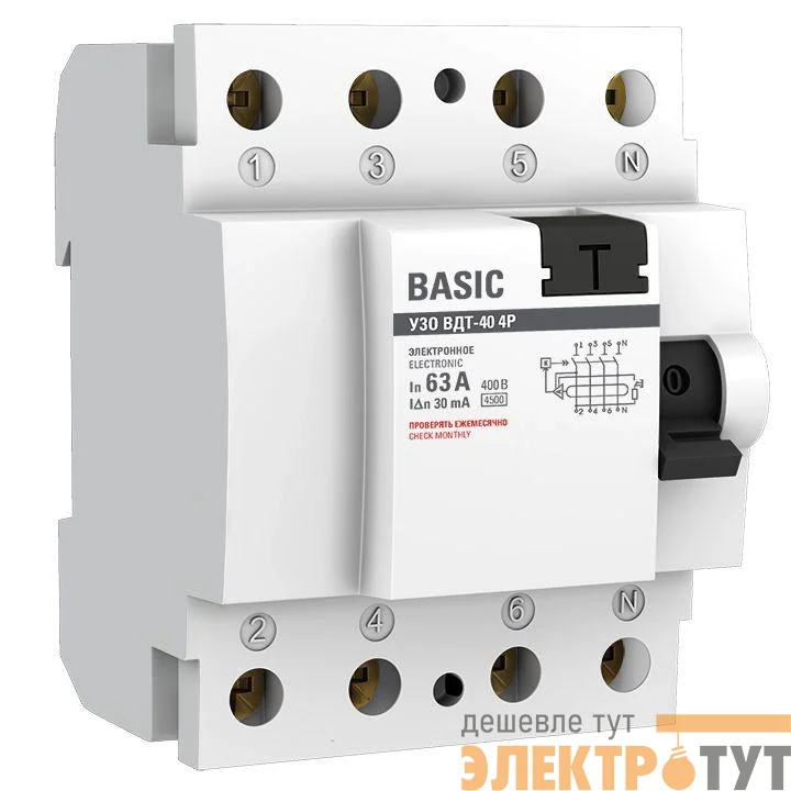Выключатель дифференциального тока (УЗО) 4п 63А 30мА тип AC Basic электрон.EKF elcb-4-63-30e-sim