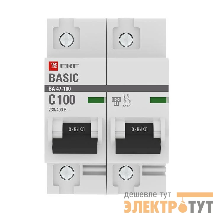 Выключатель автоматический модульный 2п C 100А 10кА ВА 47-100 Basic EKF mcb47100-2-100C-bas