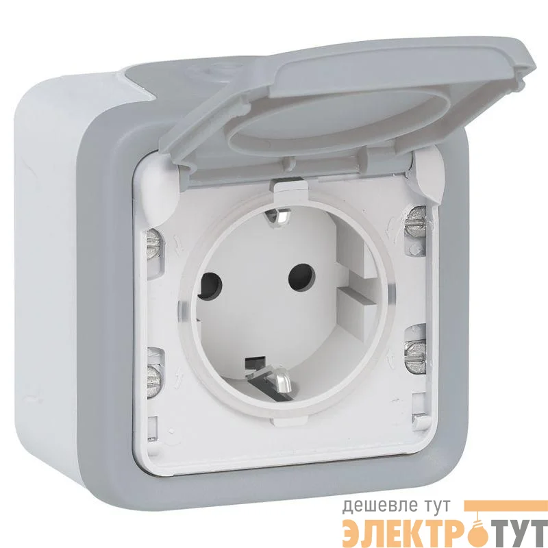 Розетка 1-м ОП Plexo 16А IP55 2P+E с крышкой немецк. стандарт винт. клеммы сер. Leg 069733