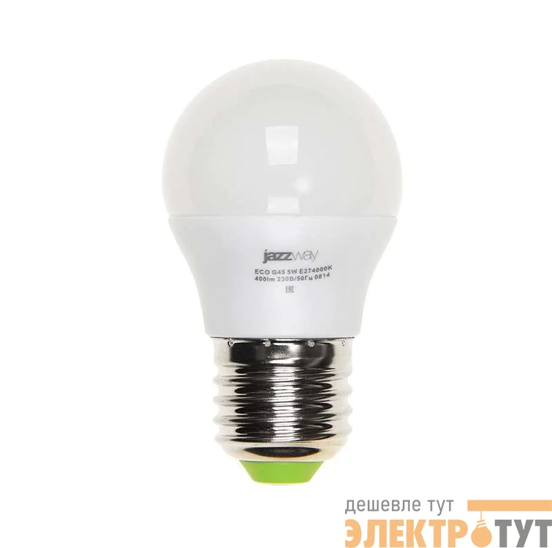 Лампа светодиодная PLED-ECO-G45 5Вт шар 3000К тепл. бел. E27 400лм 220-240В JazzWay 1036957A