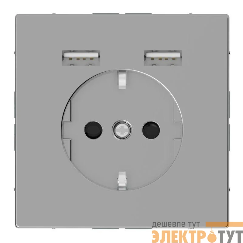 Розетка 3-м СП Merten D-Life 16А IP20 Schuko с 2-мя заряд. устройствами USB 2.4А нерж. сталь SchE MTN2366-6036