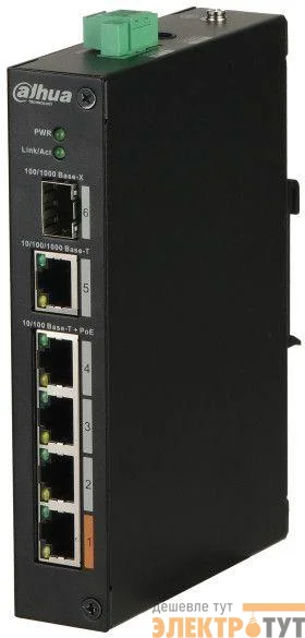 Коммутатор DH-PFS3106-4ET-60 4х100Мбит 1G 1SFP 3PoE+ 60Вт неуправляемый Dahua 1365854