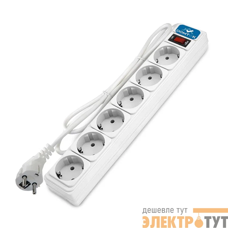Удлинитель с сетевым фильтром 6х5м с заземл 10А IP20 2.2кВт ПВС 3х1 с выкл. бел. DOMTOK 2517