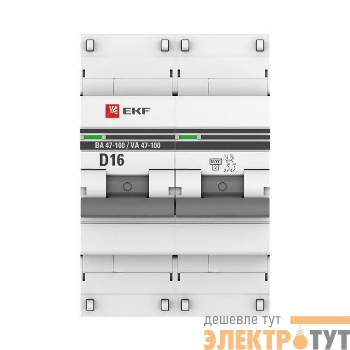 Выключатель автоматический модульный 2п D 16А 10кА ВА 47-100 PROxima EKF mcb47100-2-16D-pro