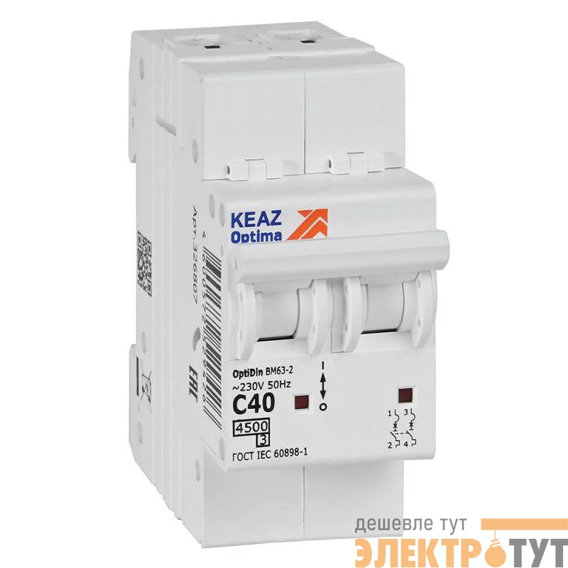 Выключатель автоматический модульный 2п C 40А 4.5кА OptiDin BM63-2C40-4.5-УХЛ3 КЭАЗ 326807