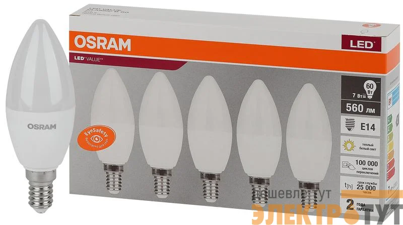 Лампа светодиодная LED Value LVCLB60 7SW/830 230В E14 2х5 RU (уп.5шт) OSRAM 4058075577923