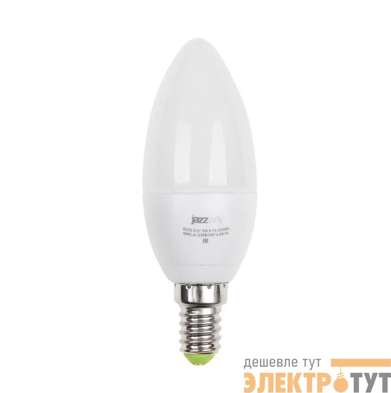 Лампа светодиодная PLED-ECO-C37 5Вт свеча 3000К тепл. бел. E14 400лм 220-240В JazzWay 1036834A