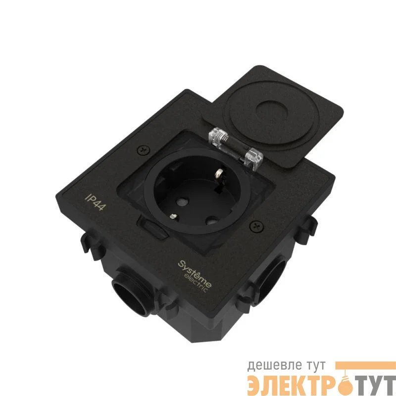 Лючок MultiDesk MDK21 с розеткой 2P+E 16А 250В IP44 с монтажной коробкой для бетонных полов черн. матов. SE MDK21202MBC