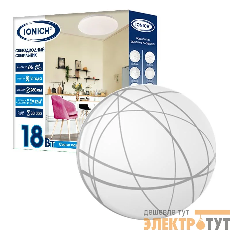 Светильник светодиодный 2220 18Вт 4000К IP20 1260лм d260х55мм бытовой настенно-потолочный IONICH 1708