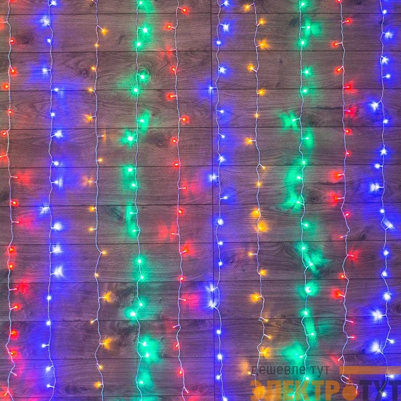 Гирлянда светодиодная "Светодиодный Дождь" 1.5х1м 96LED мультиколор 8Вт 230В IP20 с контроллером провод прозр. Neon-Night 235-029