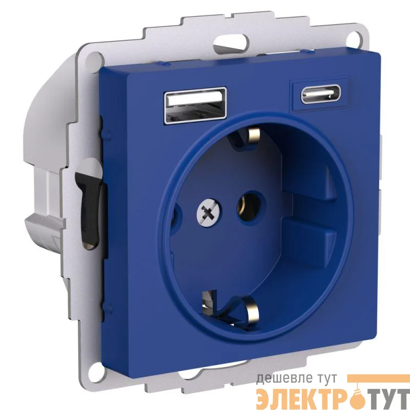 Розетка AtlasDesign 16А с 2-мя заряд. устройствами USB тип A+C 5В/2.4А/3.0А 2х5В/1.5А механизм аквамарин SE ATN001132