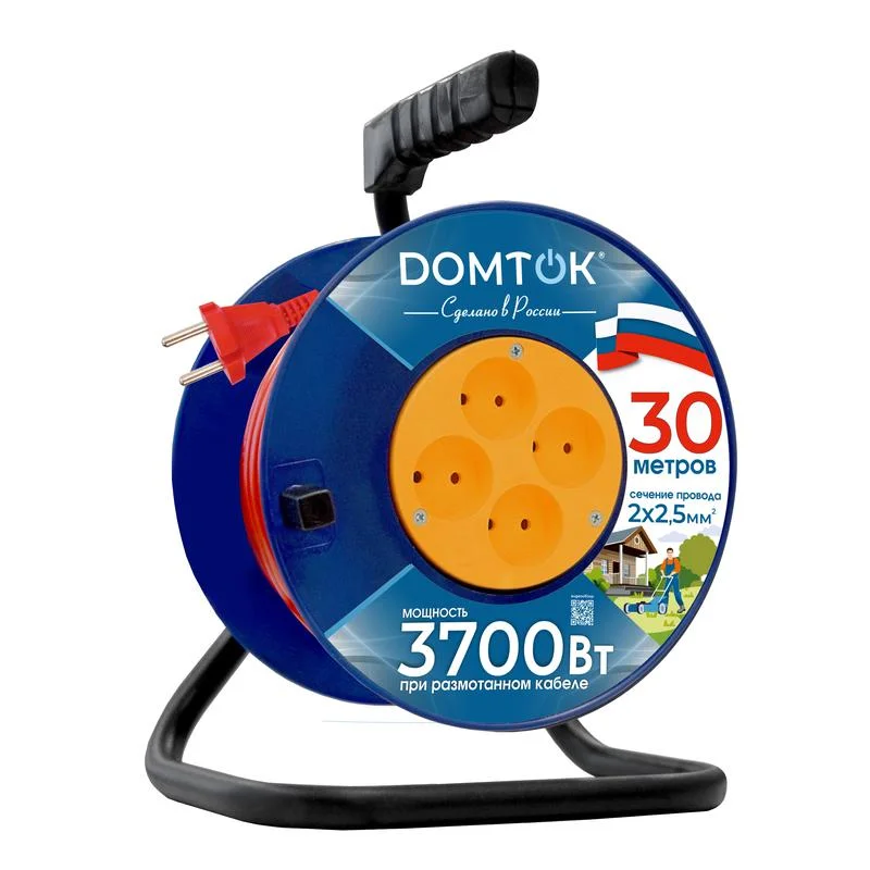 Удлинитель на катушке 4х30м без заземл. 16А IP20 3.7кВт ПВС 2х2.5 DOMTOK 2508