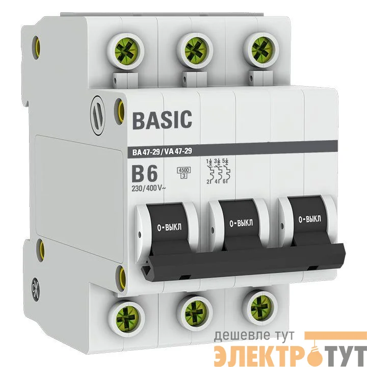 Выключатель автоматический модульный 3п B 6А 4.5кА ВА 47-29 Basic EKF mcb4729-3-06-B
