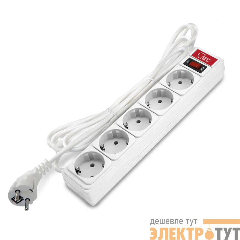 Удлинитель с сетевым фильтром 5х3м 10А IP21 ПВС 3х0.75 бел. Союз 1325