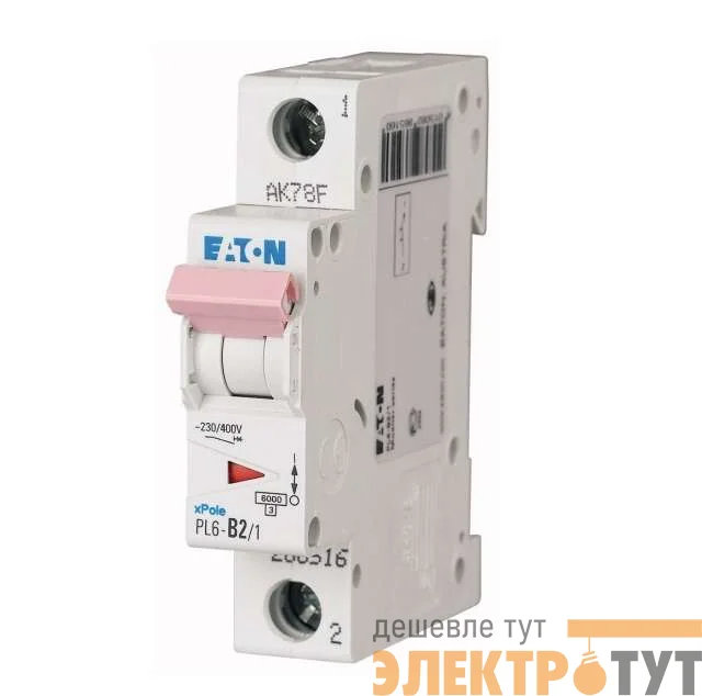 Выключатель автоматический модульный 1п C 2А 6кА PL6-C2/1 EATON 286528
