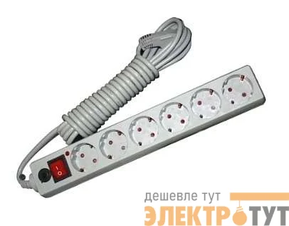 Удлинитель с сетевым фильтром 6х1.8м с заземл. 10А IP20 ПВС 3х0.75 защ. шторки сер. UNIVersal 967U-5001
