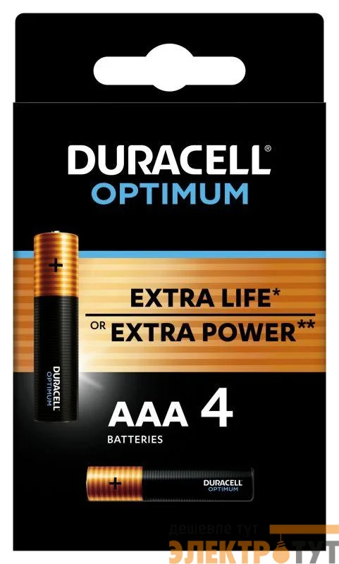 Элемент питания алкалиновый ААА 1.5В LR03-4BL Optimum 5014062 (блист.4шт) Duracell Б0056021