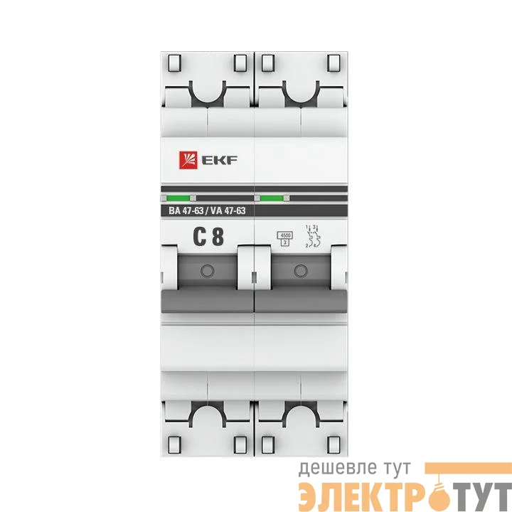 Выключатель автоматический модульный 2п C 8А 4.5кА ВА 47-63 PROxima EKF mcb4763-2-08C-pro
