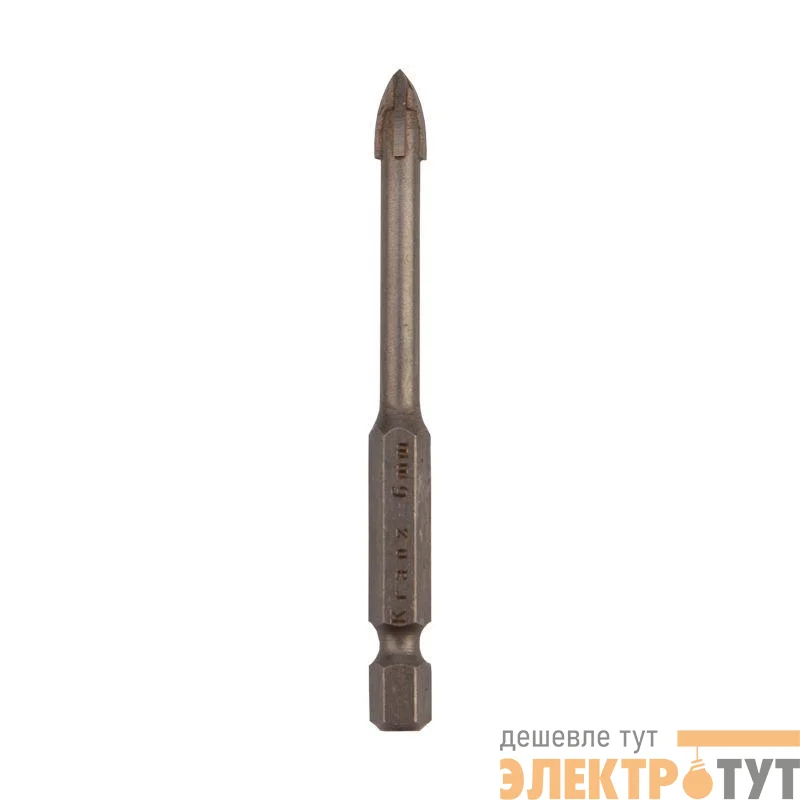 Сверло по стеклу и керамике 6мм 4 грани шестигранный хвостовик Kranz KR-91-0649