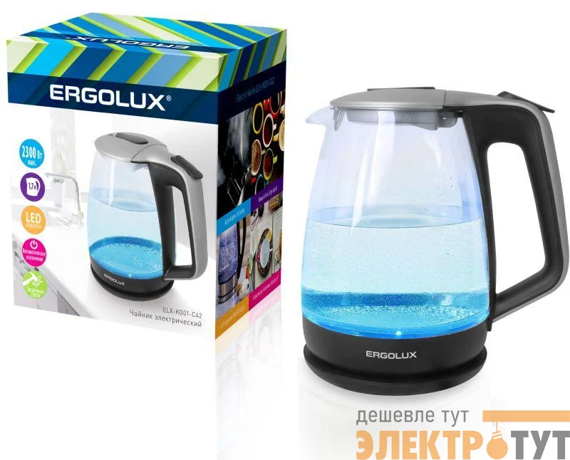 Чайник ELX-KG01-C42 стекл. 1.7л 160-250В 1500-2300Вт серебристо-черн. Ergolux 13117