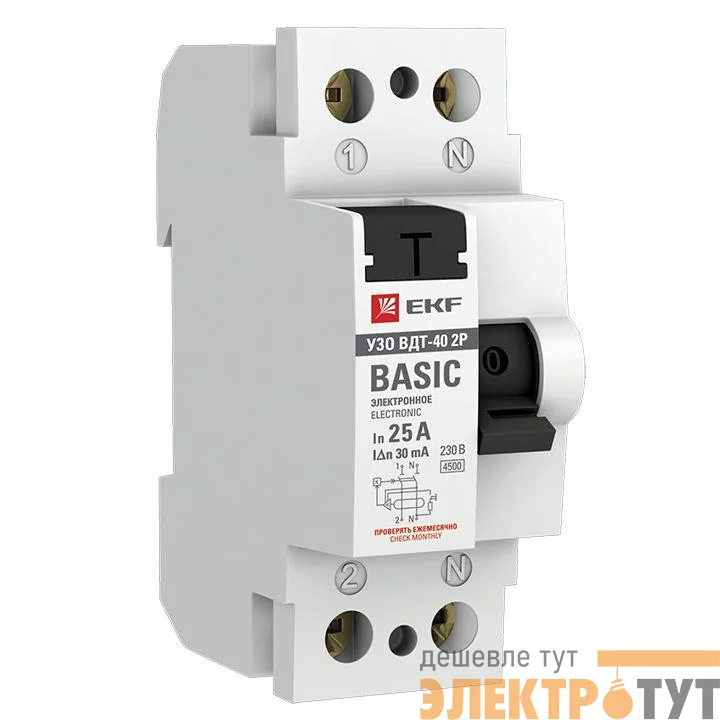 Выключатель дифференциального тока (УЗО) 2п 25А 30мА тип AC Basic электрон.EKF elcb-2-25-30e-sim