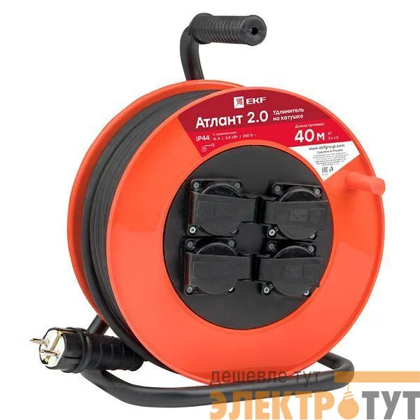 Удлинитель на катушке 4х40м с заземл. 16А IP44 Атлант 2.0 3.5кВт КГ 3х1.5 PROxima EKF UKA02-16-315R-4-40-IP44