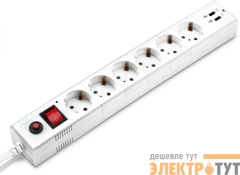 Удлинитель с сетевым фильтром 6х1.8м с заземл. 10А IP20 BU-SP1.8_USB_2A-W 2.2кВт CCA бел. BURO 992309