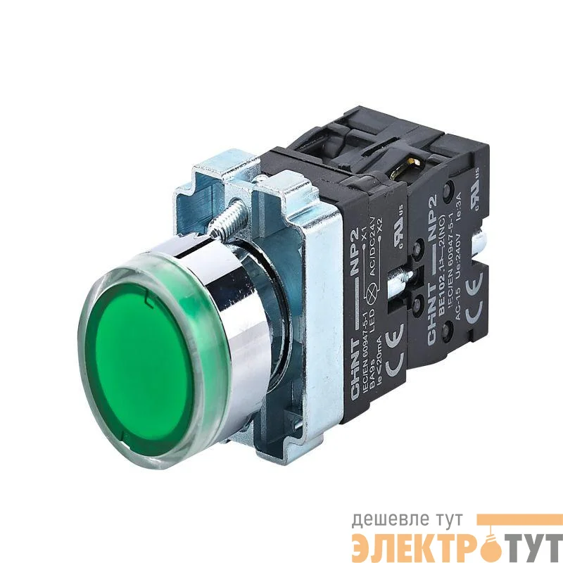 Кнопка управления NP2-BW3365 плоская 1НО+1НЗ AC/DC230В (LED) IP40 (R) зел. CHINT 574365
