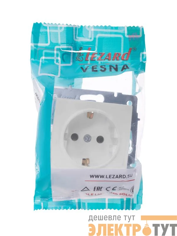 Розетка 1-м СП Vesna с заземл. защ. шторки ПБТ механизм бел. LEZARD 742-0288-124B