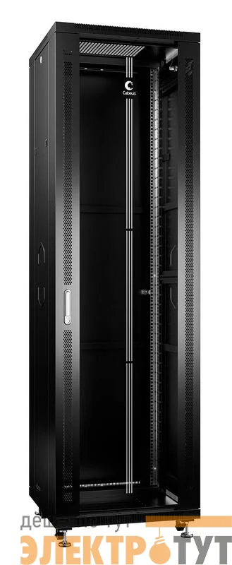 Шкаф монтажный телекоммуникационный напольный SH-05C-42U60/80-BK 19дюйм для распред. и серверн. оборудования 42U 600х800х2055мм передн. стеклян. и задн. сплошн. метал. двери ручка с замком черн. (RAL 9004) Cabeus 8576c