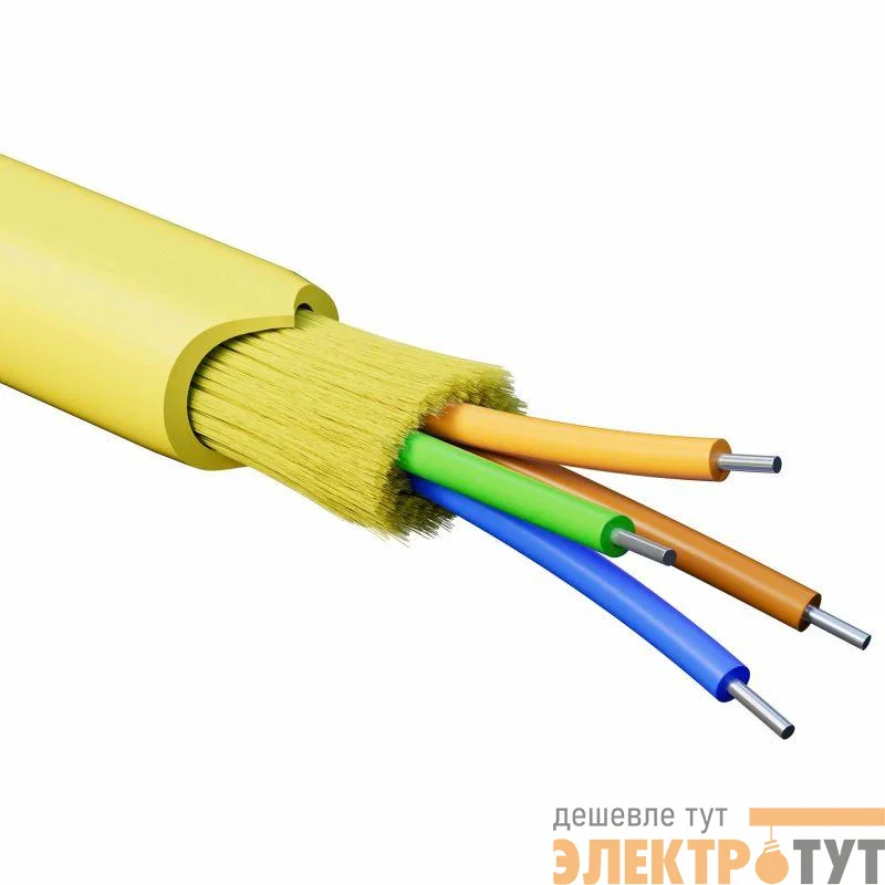 Кабель волоконно-оптический распределительный арамидные упрочняющие нити для внутренней прокладки нг(A)-HFLTx 4 ОВ категорияOS2 (G.652.D) плотный буфер 0.4кН барабан 500м DKC RNDT9C4YL03-E