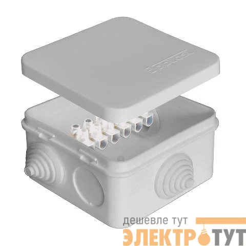 Коробка распр. ОП 75х75х45 7 выходов 3 гермоввода с клемм. 10А 6 контактов IP54 крышка защелкивающаяся сер. Epplast 220324