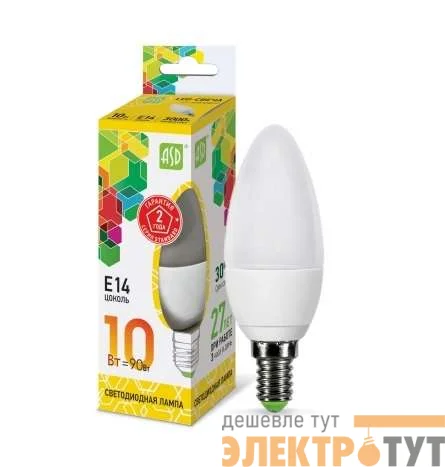 Лампа светодиодная LED-СВЕЧА-std 10Вт 230В E14 3000К 900Лм ASD 4690612015507