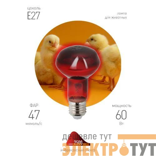 Излучатель тепловой (лампа инфракрасная) ИКЗК 230-60 R63 60Вт Е27 для обогрева животных и освещения КЭЛЗ Б0057281